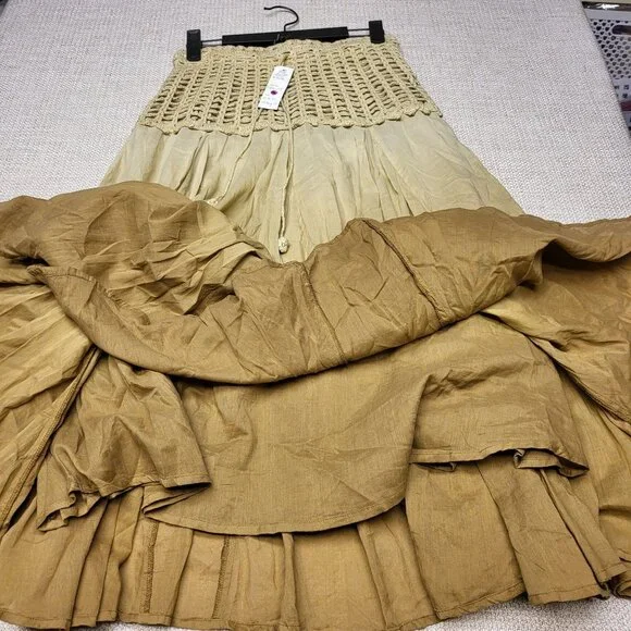 Chaudry KC Womens Bohemian Maxi Skirt Beige Cotton Blend Crochet Waist Size S - Picture 3 of 15